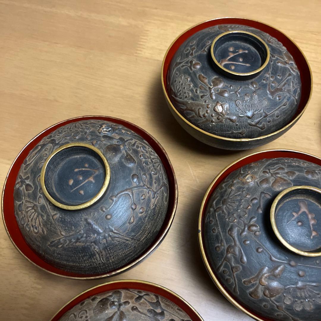 会津鉄錆塗（てつさびぬり）木製汁椀７客（明治〜大正時代）