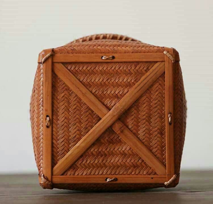 竹編細工籠 民芸職人手作り 自然竹の編み上げ 茶籠 茶道具収納 古風便攜
