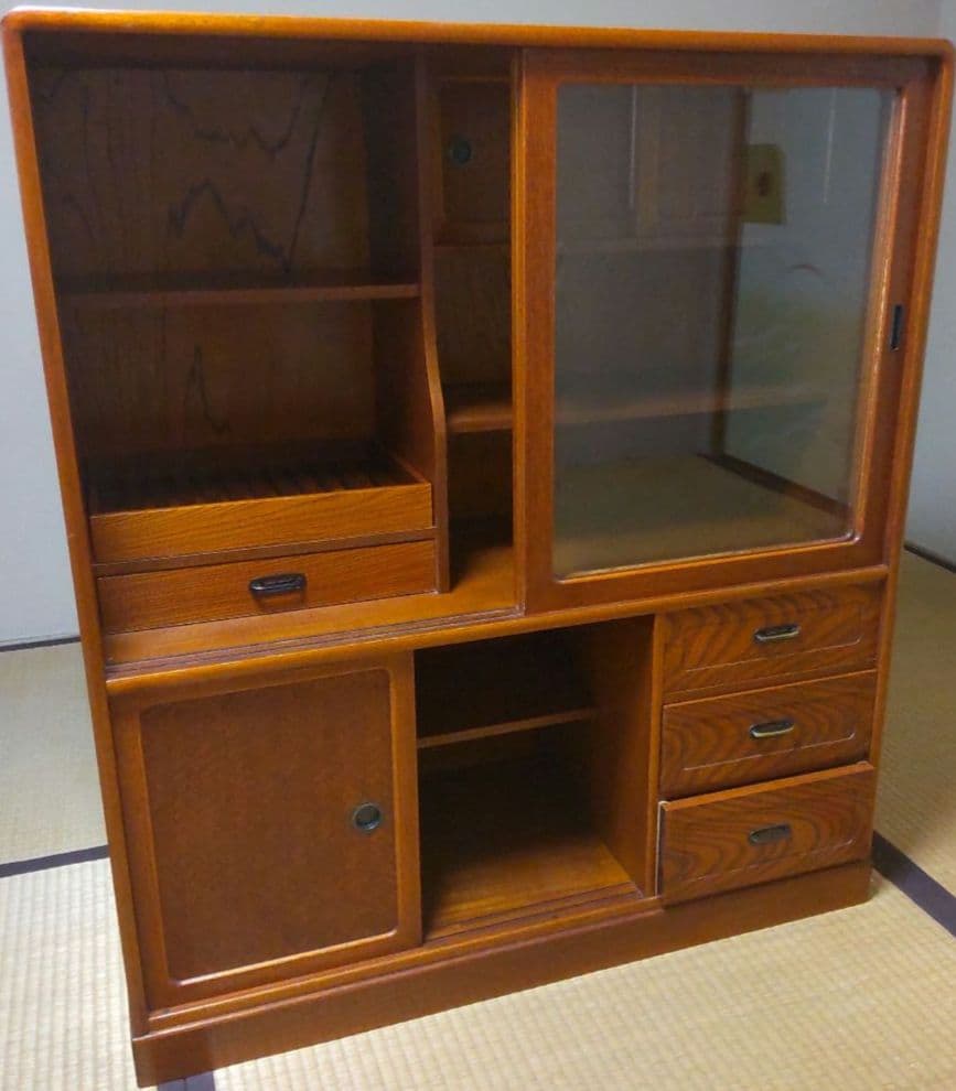 茶箪笥　和風木製ガラス扉収納棚