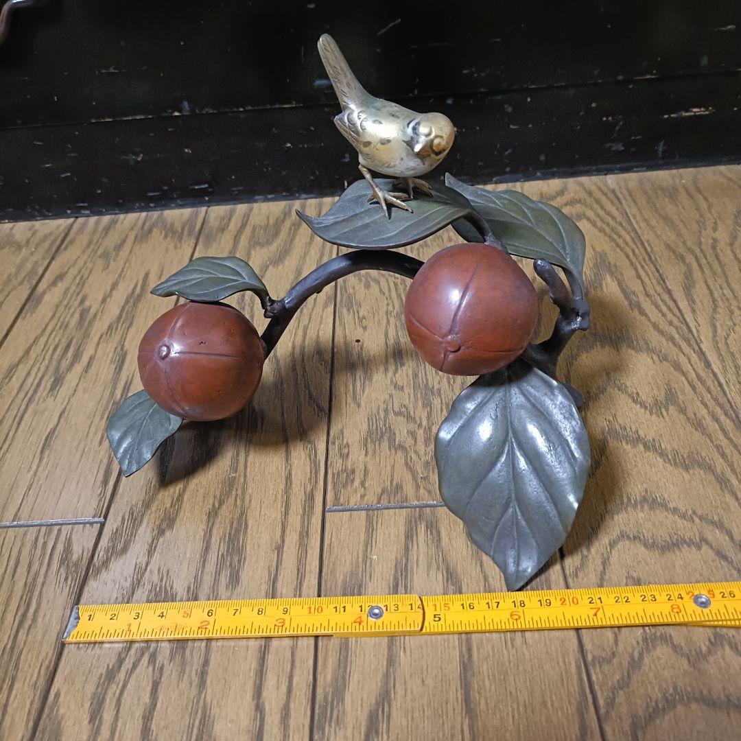 鳥と柿　置物　銅製