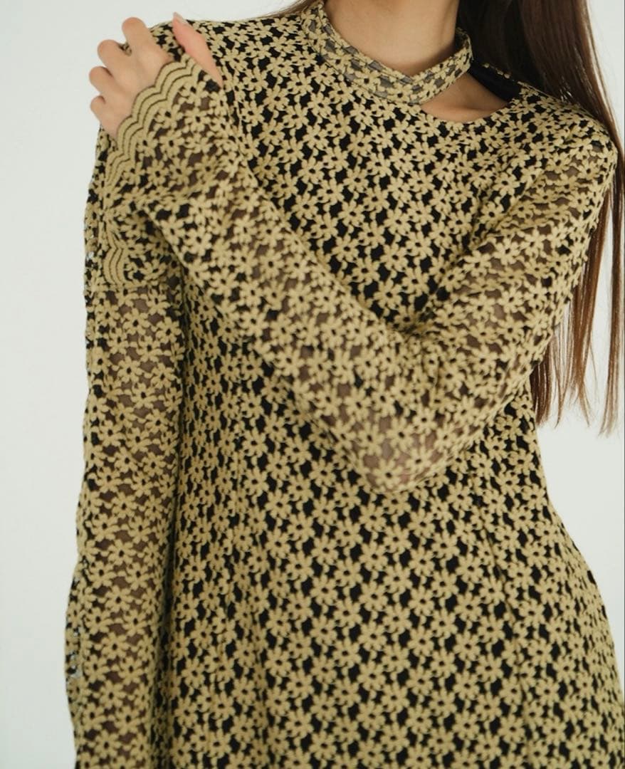 【CLANE】3DFLOWER LACE SLASH NECK ONEPIECE