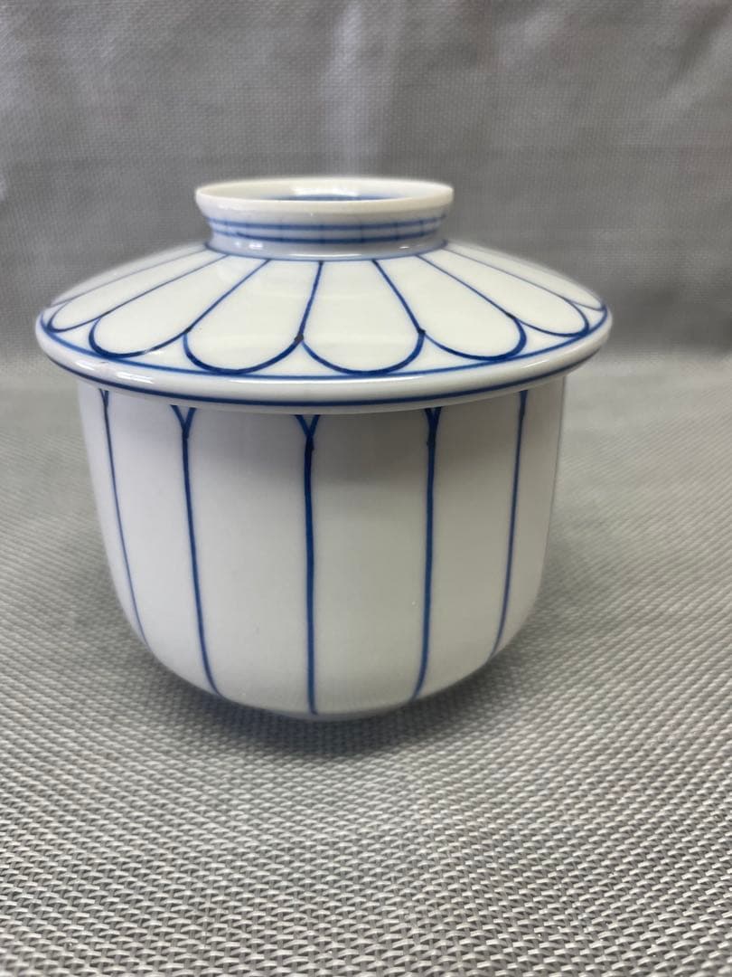 新品　京都　清水焼　蒸茶碗　5客　染付菊割雲錦　平安　陶峰　蓋付き椀