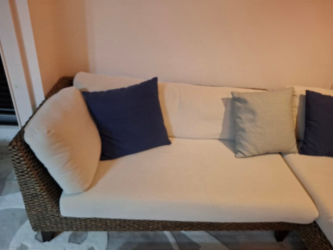 L字型ソファセット クリーム色 ネイビークッション付き