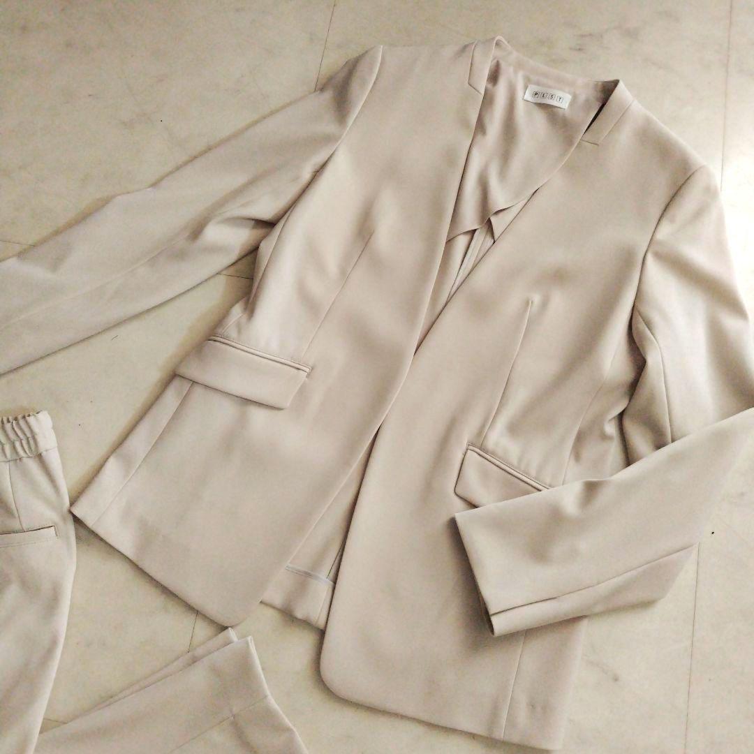 【美品】プラステ セットアップ ノーカラー とろみ素材 洗濯可 上下セット
