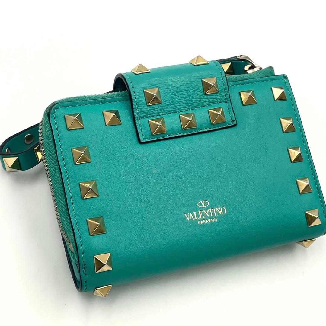 Valentino ヴァレンティノ ロックスタッズ ストラップ 折り財布グリーン