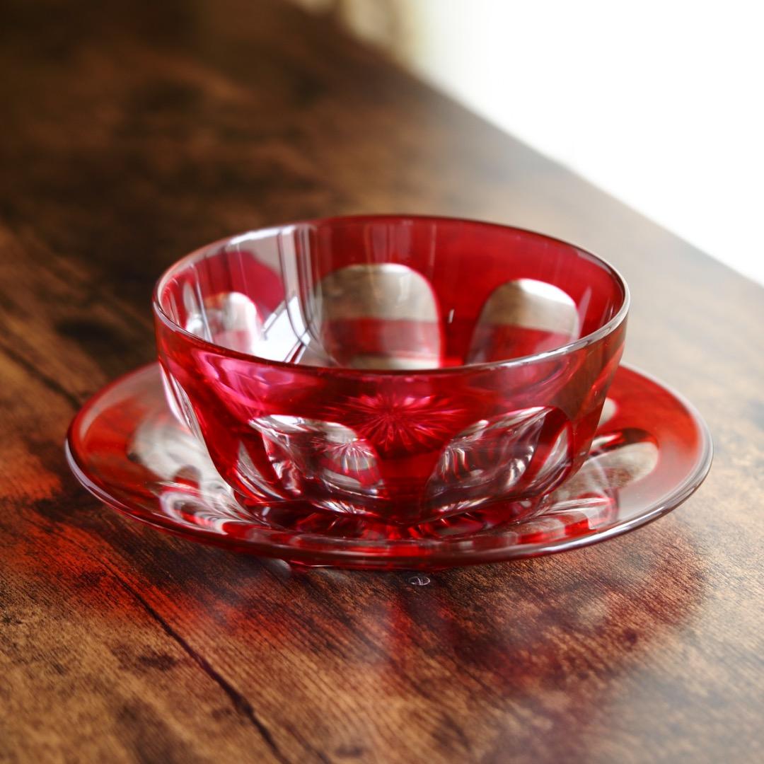 バカラ カット ボウル＆ソーサー セット B469a / エンパイア 金赤