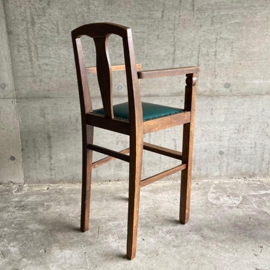 古い味のある子供椅子 ハイチェア 木製 飾り台 緑色 家具 レトロ ヴィンテージ