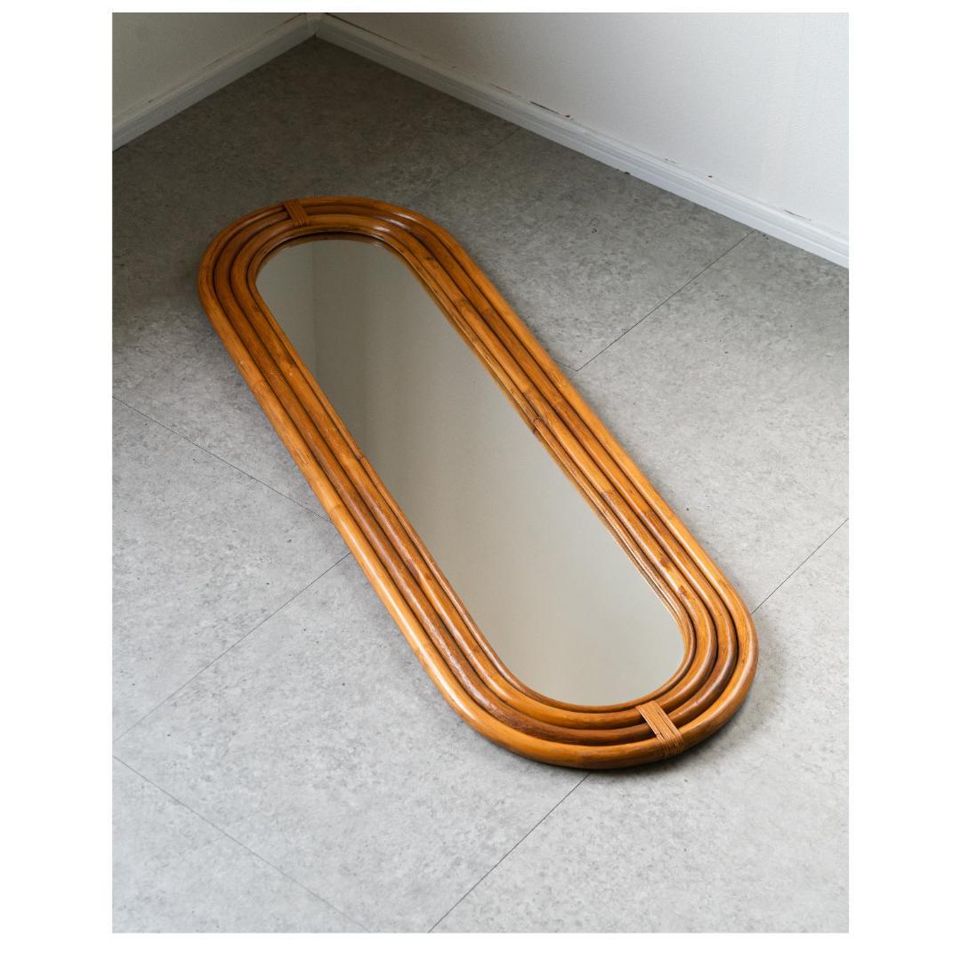 ヴィンテージ ラタン ウォールミラー 藤家具 昭和レトロ　アンティーク