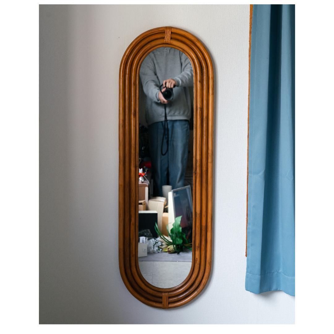 ヴィンテージ ラタン ウォールミラー 藤家具 昭和レトロ　アンティーク