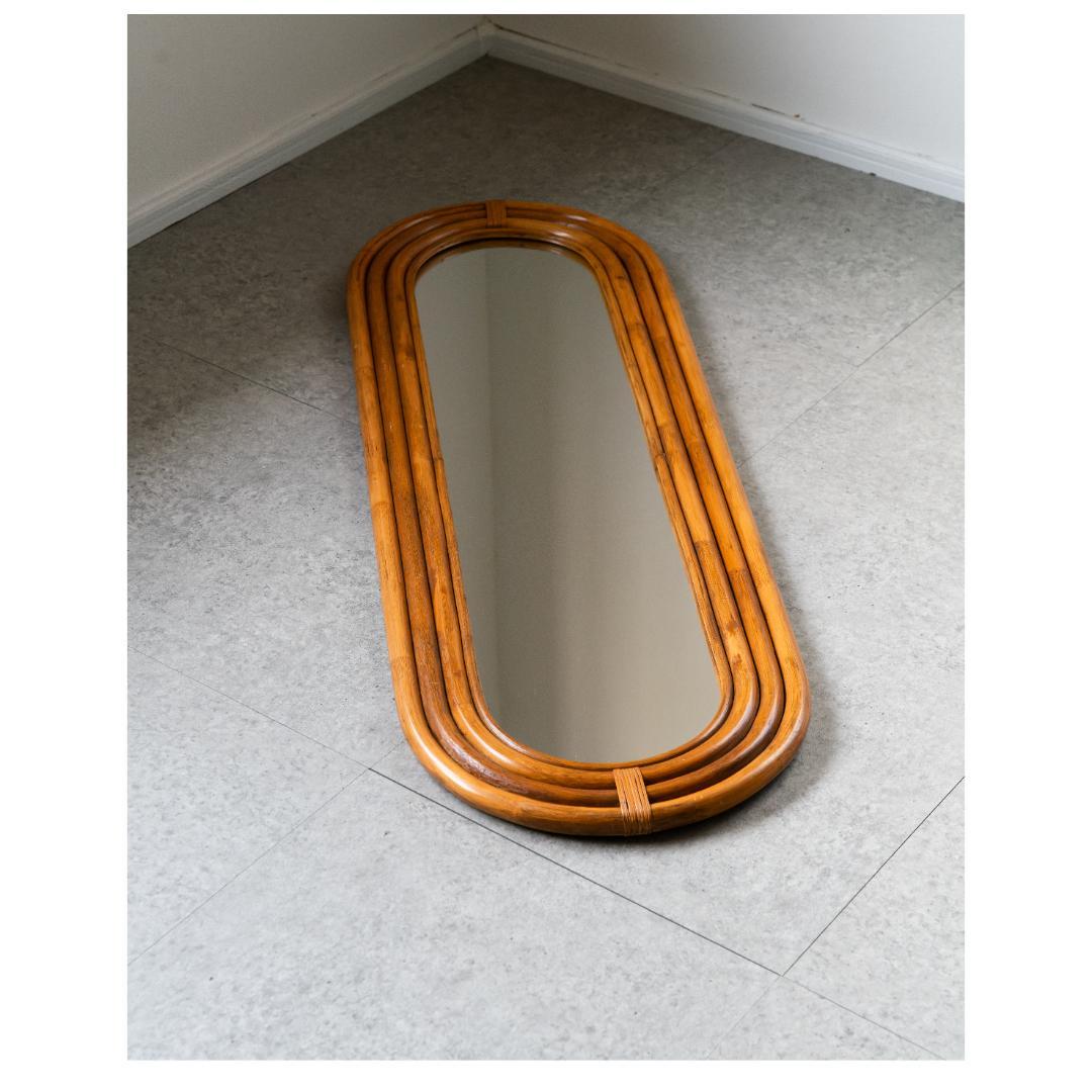 ヴィンテージ ラタン ウォールミラー 藤家具 昭和レトロ　アンティーク