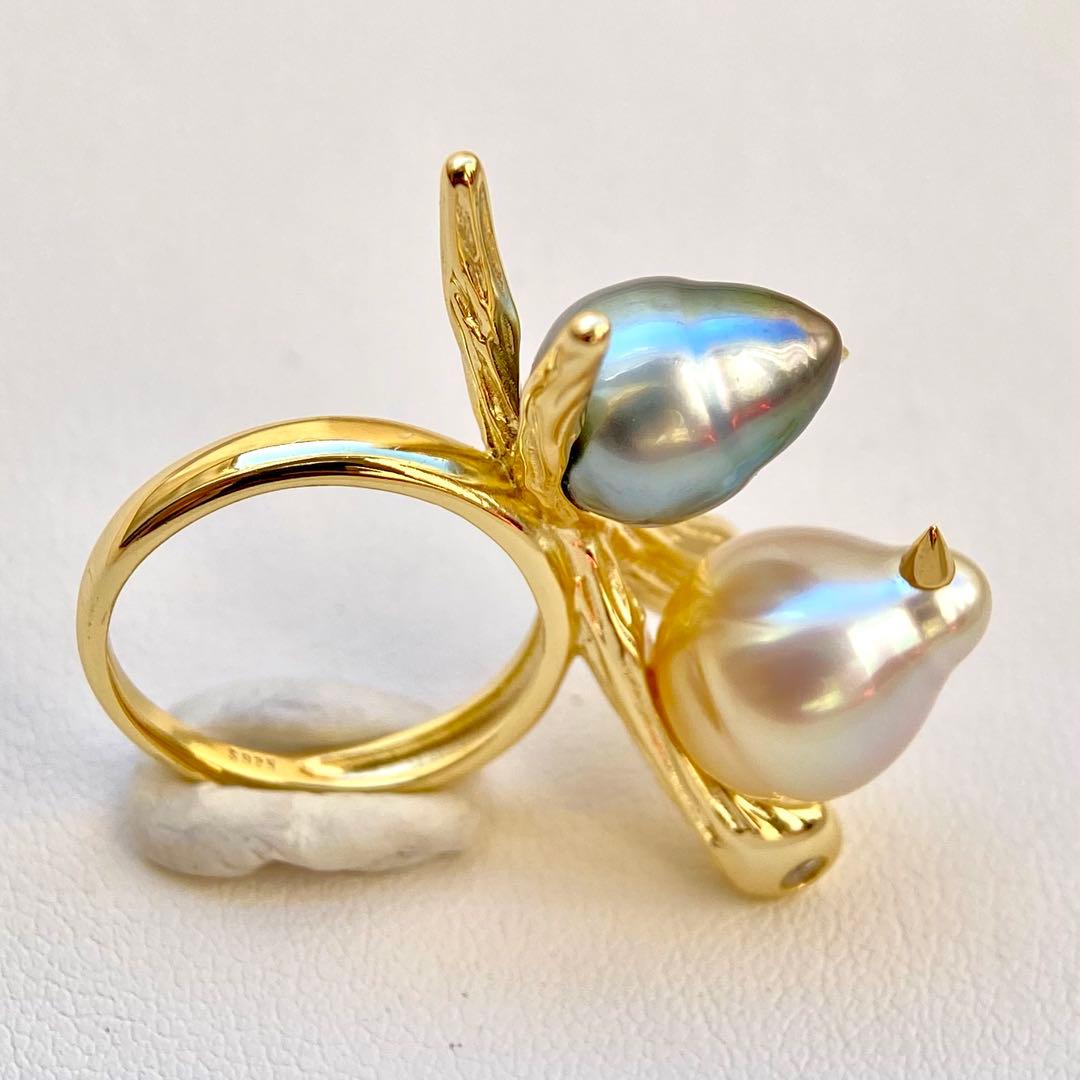 本真珠南洋白蝶真珠と黒蝶真珠「鳥と枝」s925リングY1058