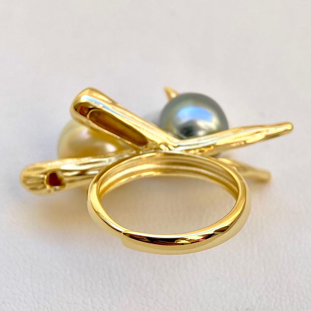 本真珠南洋白蝶真珠と黒蝶真珠「鳥と枝」s925リングY1058