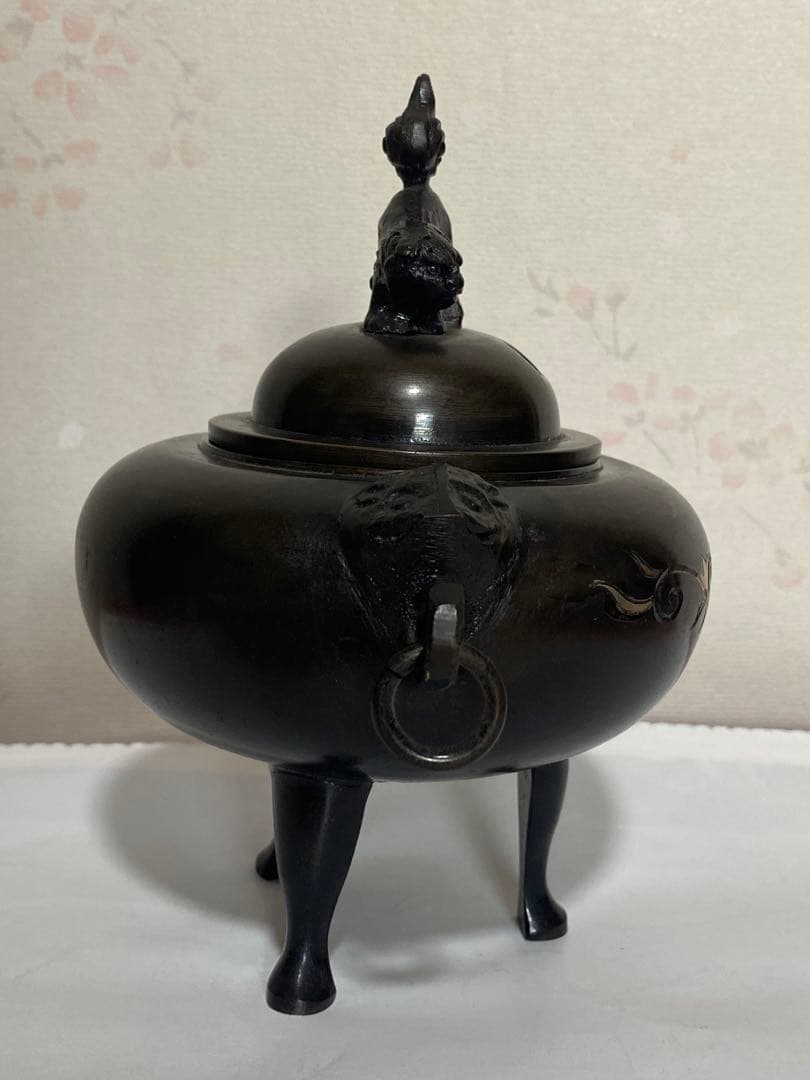 ♦獅子飾り 自在遊環 三足香炉 高岡銅器 銅製 唐金 香道具 置物 飾り 骨董品