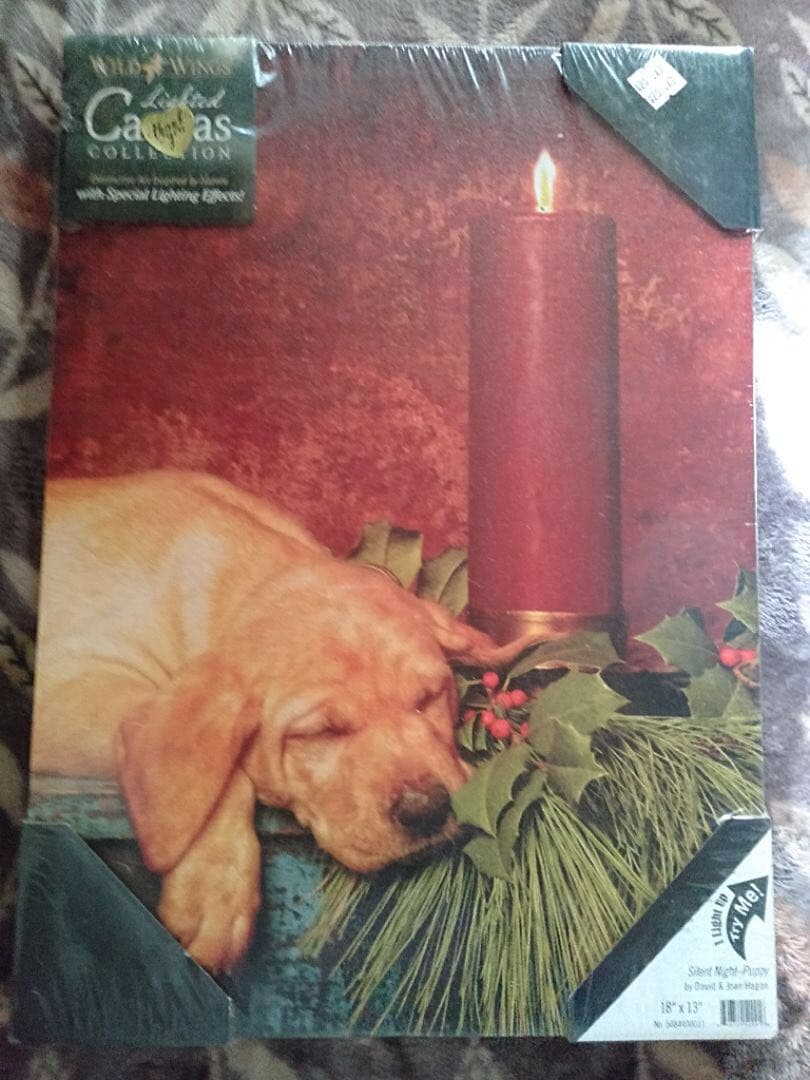 LED　光るキャンパス　仔犬とキャンドル（Silent Night）