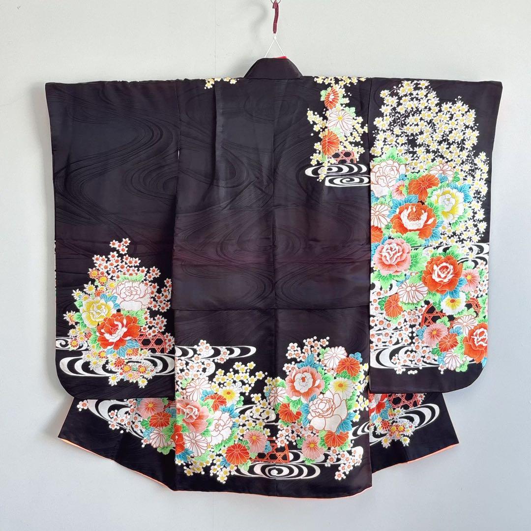 フルセット　七五三７歳女の子　黒地花　緑地袋帯正絹　花菱　半襦袢　7100