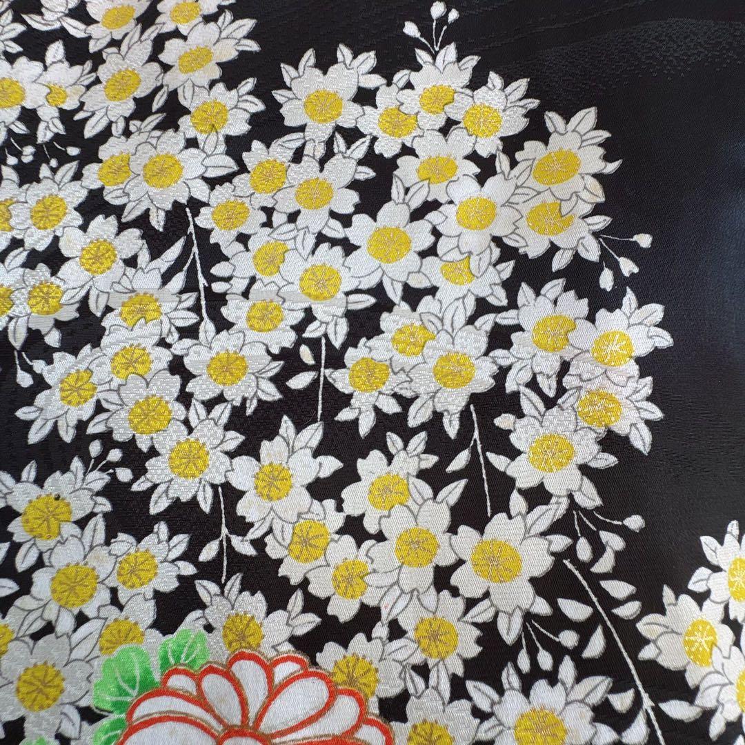 フルセット　七五三７歳女の子　黒地花　緑地袋帯正絹　花菱　半襦袢　7100