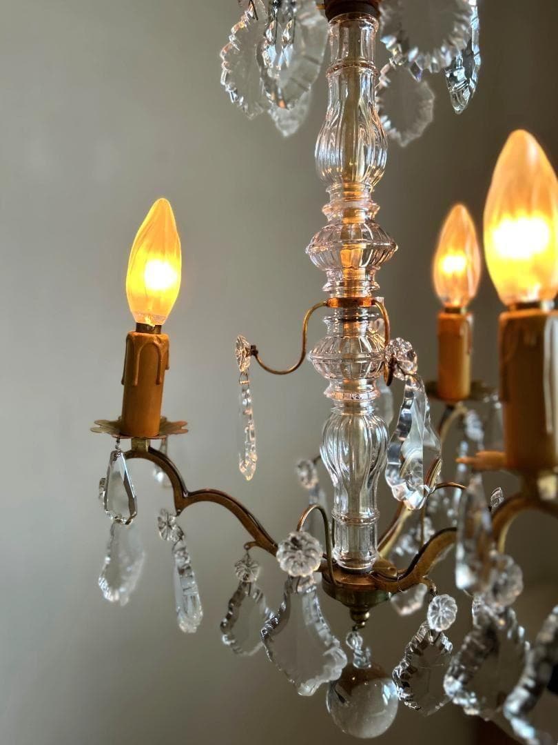フランスアンティーク　シャンデリア　３灯　ガラスドロップ　シャビー　店舗什器