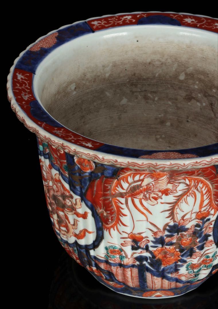 古伊万里 錦手丸鉢 色絵窓絵 鳳凰獅子文 植木鉢 蘭鉢 盆栽鉢 古美術 骨董品