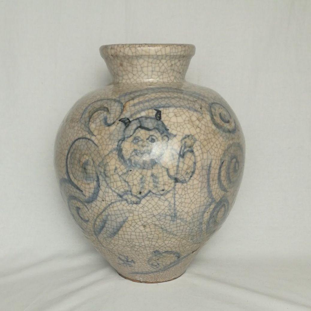 在銘あり　壺　染付絵　雷神　鬼　大津絵