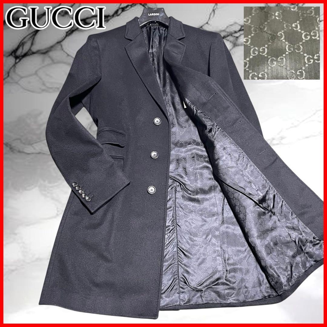 【グッチ】美品ウール チェスター オーバーコート ロゴボタン チェーン ブラック