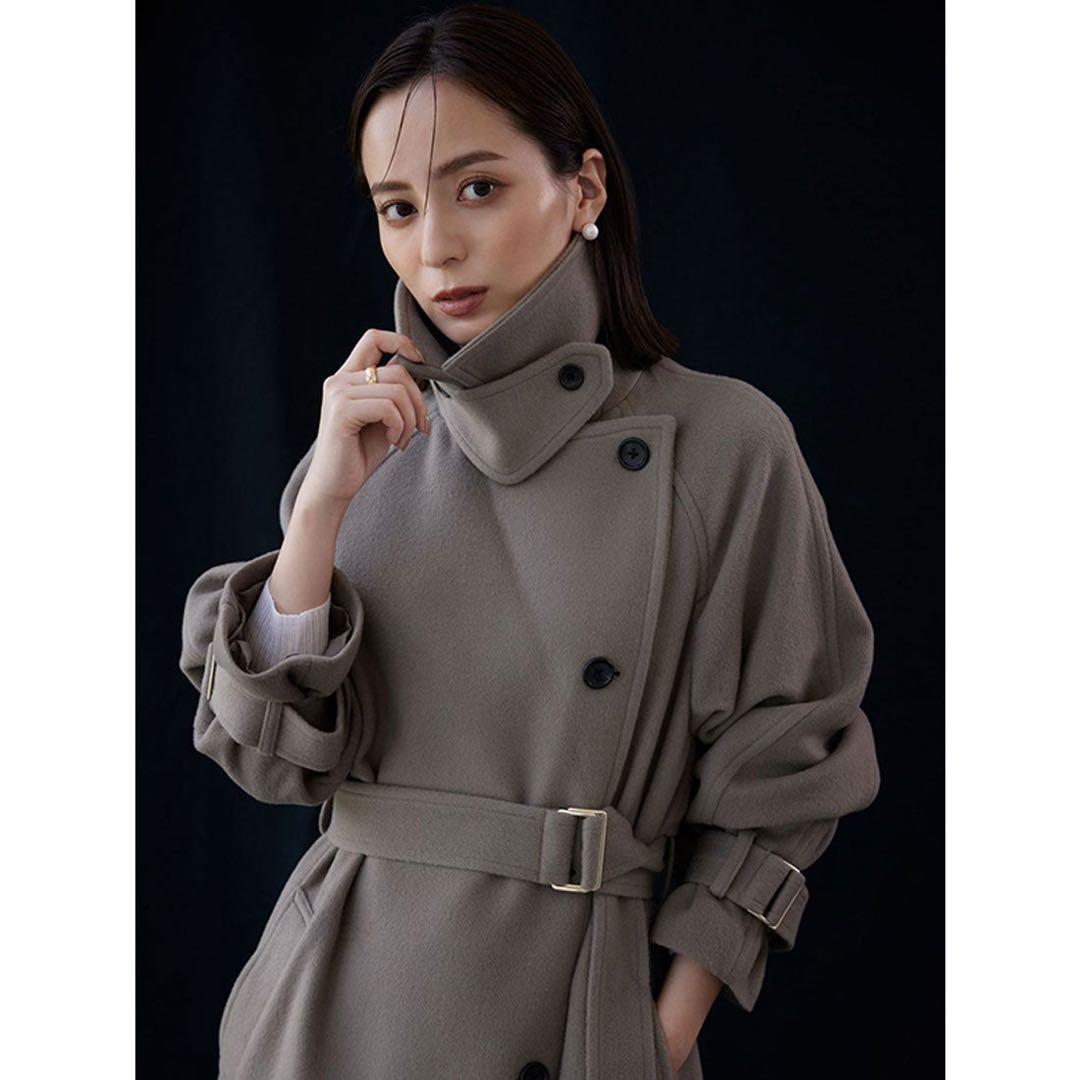 anuans ウールトレンチロングコート S カーキグレー アニュアンス