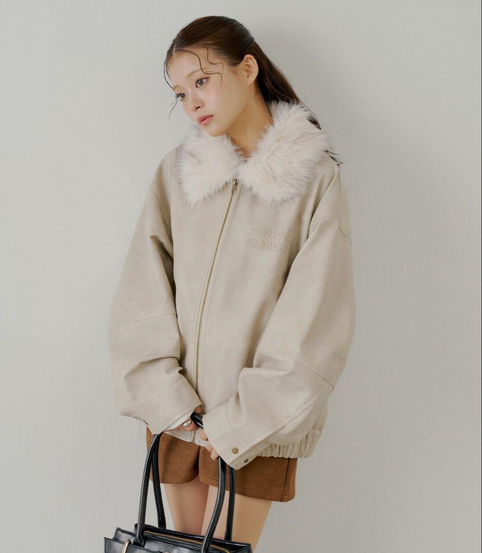 【ファー取り外し可能】フェイクレザールーズジップブルゾン アイボリー