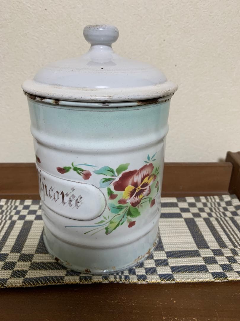 アンティーク　japy パンジー　ホーローキャニスター　ヴィンテージ