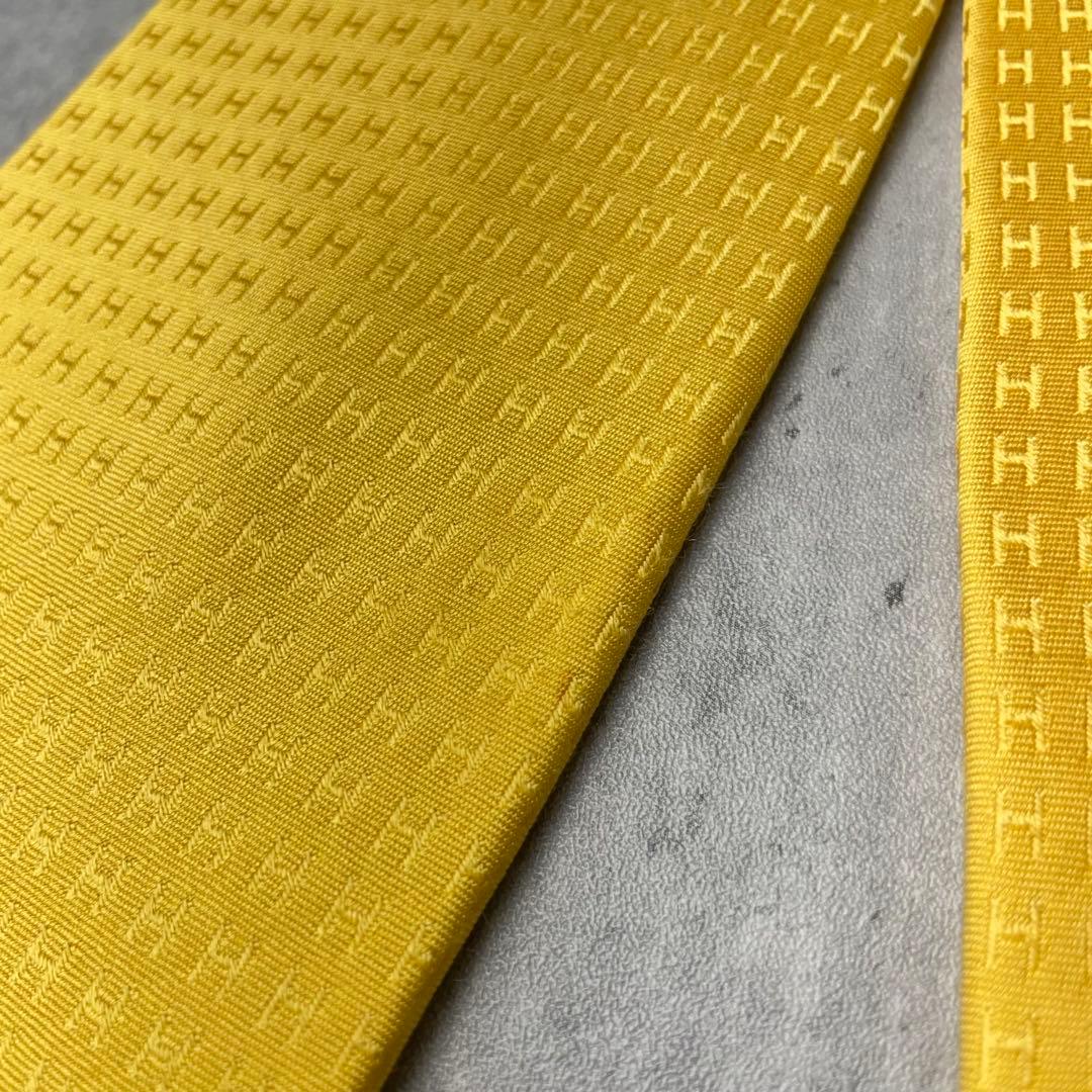 美品 HERMES エルメス H柄 総ロゴ ファソネ ネクタイ イエロー 黄