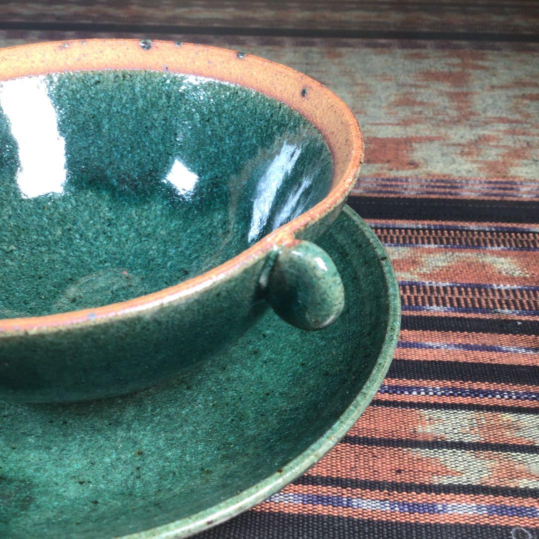 『フォロうー特価』　萩焼　CX2 スープカップ&ソーサー　ペア　緑