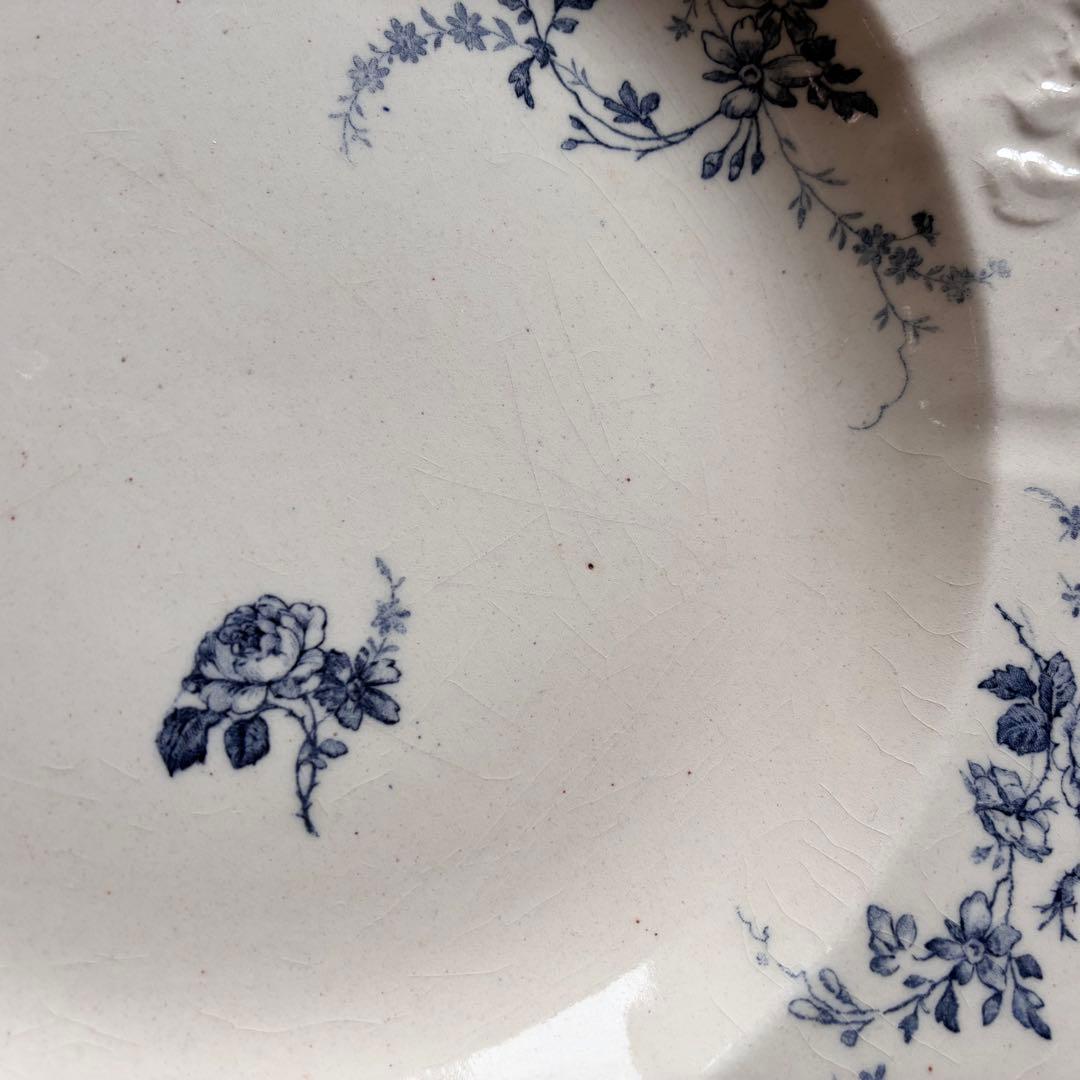 大きめ　Gien ブルー　四角いプレート　レリーフ　フランス　アンティーク