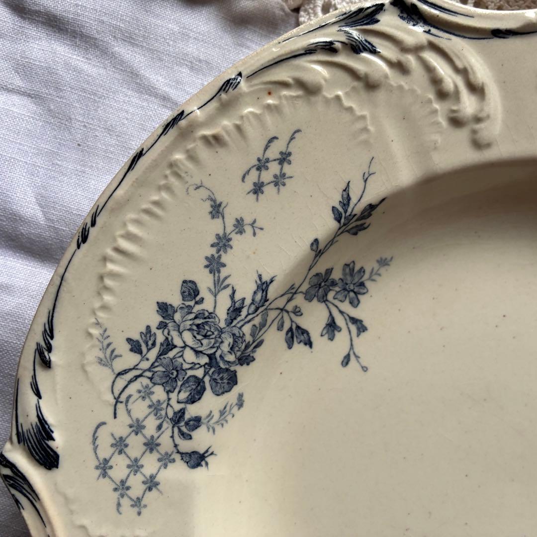 大きめ　Gien ブルー　四角いプレート　レリーフ　フランス　アンティーク