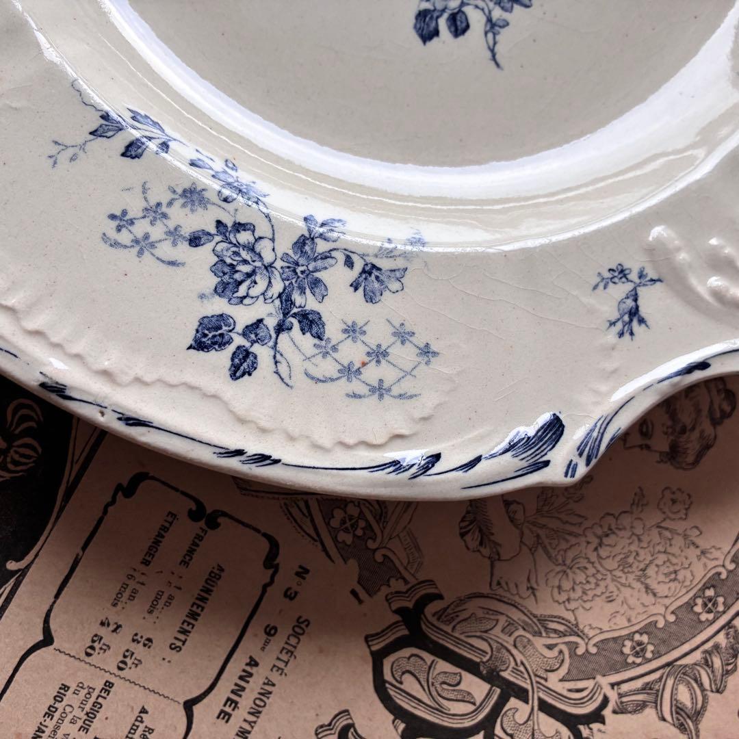 大きめ　Gien ブルー　四角いプレート　レリーフ　フランス　アンティーク