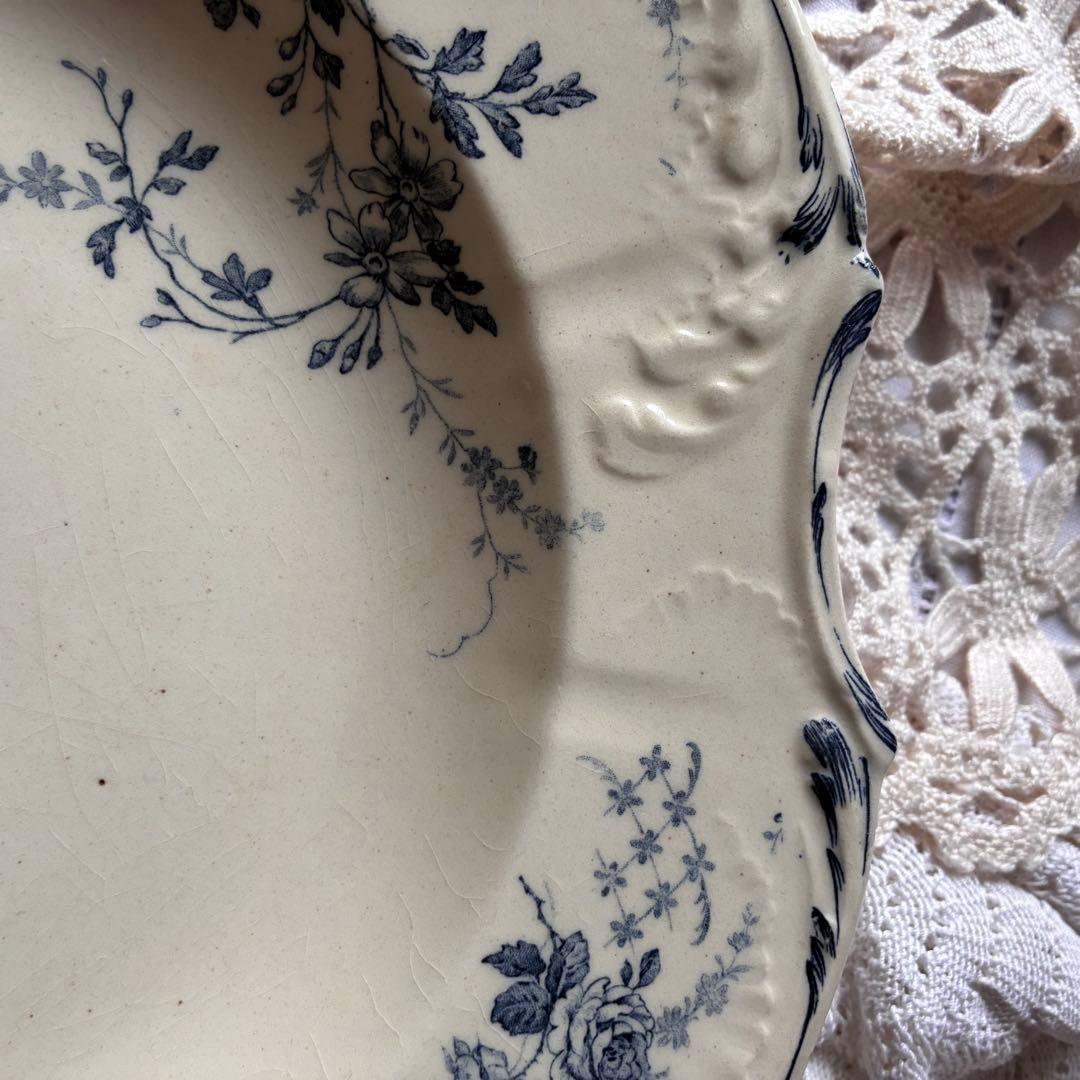 大きめ　Gien ブルー　四角いプレート　レリーフ　フランス　アンティーク