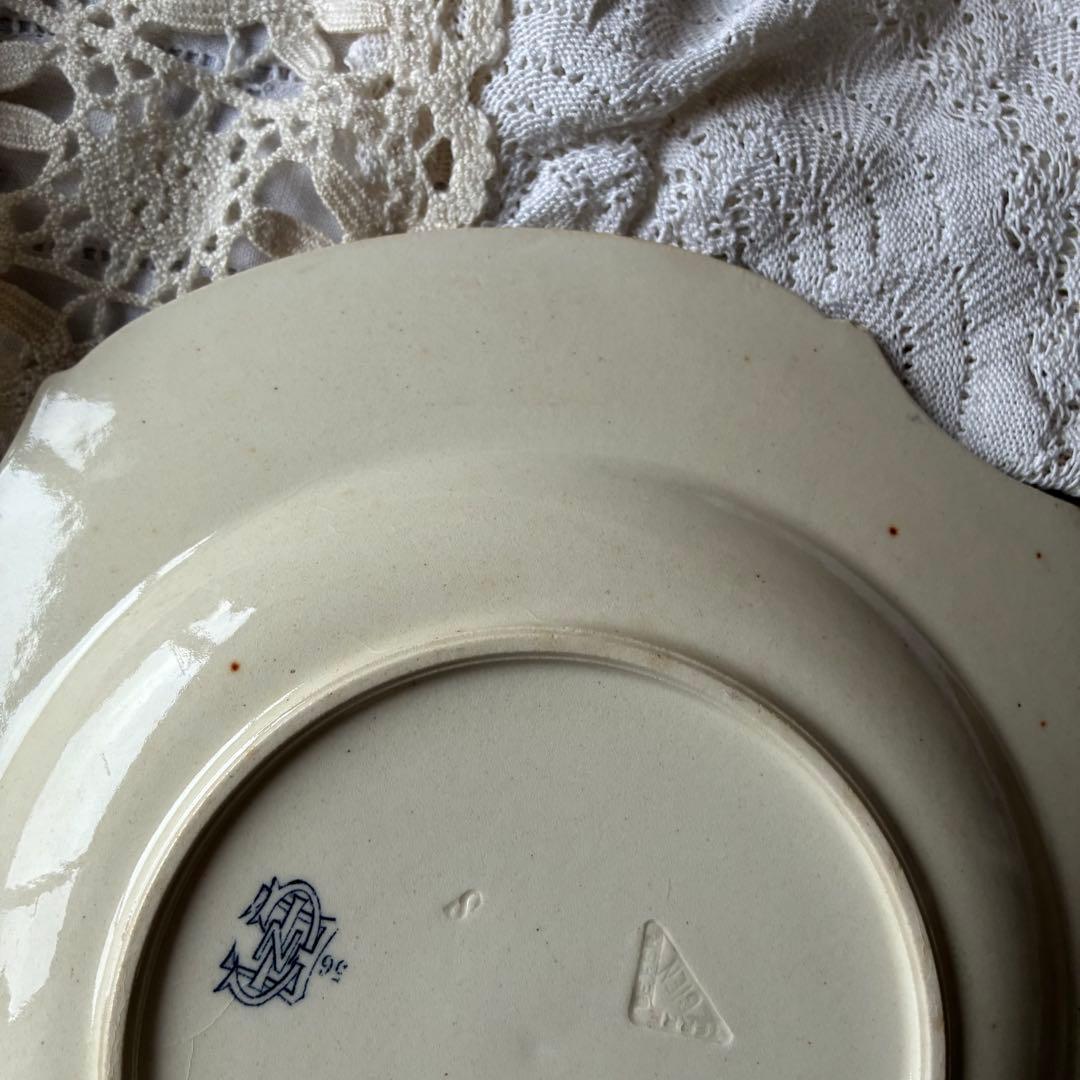 大きめ　Gien ブルー　四角いプレート　レリーフ　フランス　アンティーク