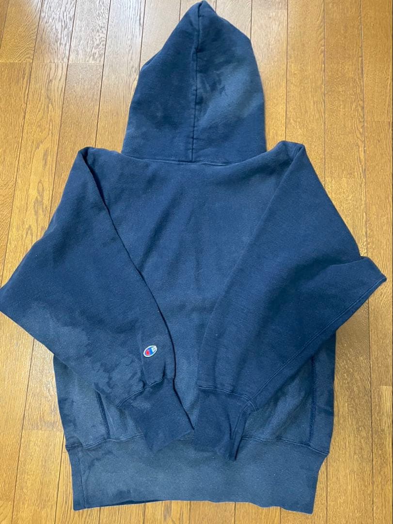 チャンピオン80s90sトリコタグ3段プリントリバースウィーブパーカー ネイビー
