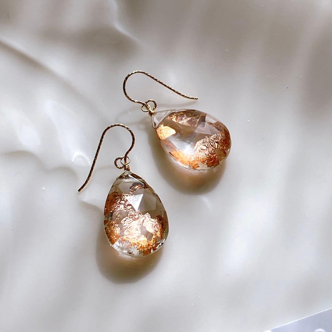 マルモ◆水晶×ピンクゴールド箔トリプレットストーンピアス