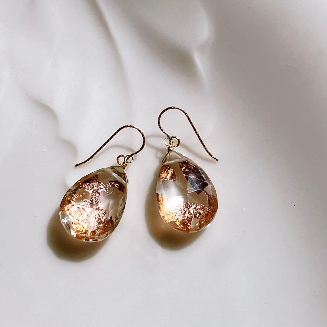 マルモ◆水晶×ピンクゴールド箔トリプレットストーンピアス