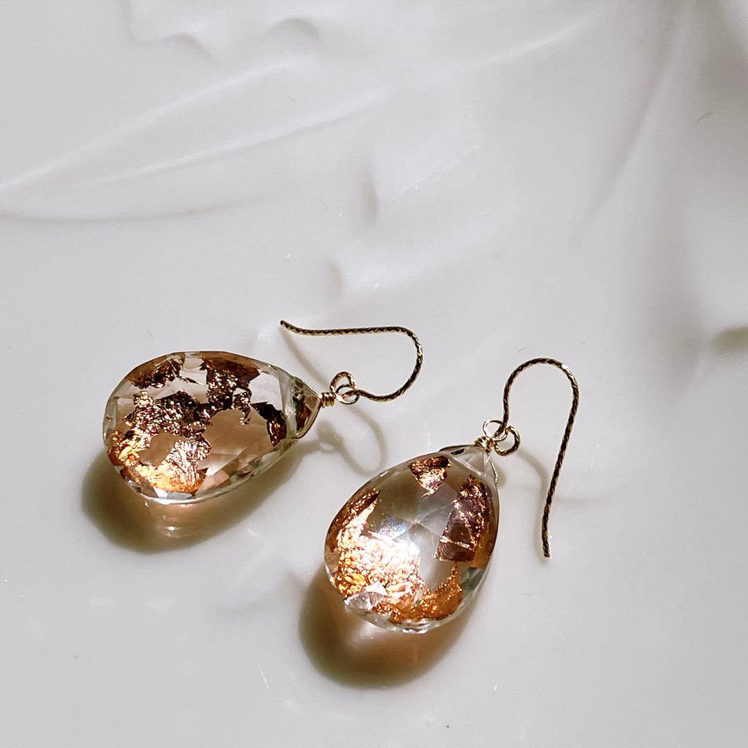 マルモ◆水晶×ピンクゴールド箔トリプレットストーンピアス