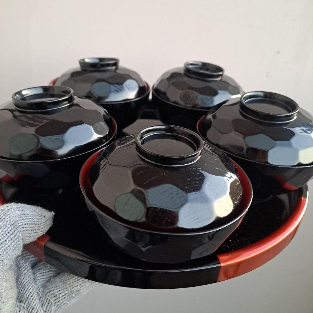 【亀甲彫　御吸物椀×5客】天然木製　　未使用/長期保管品