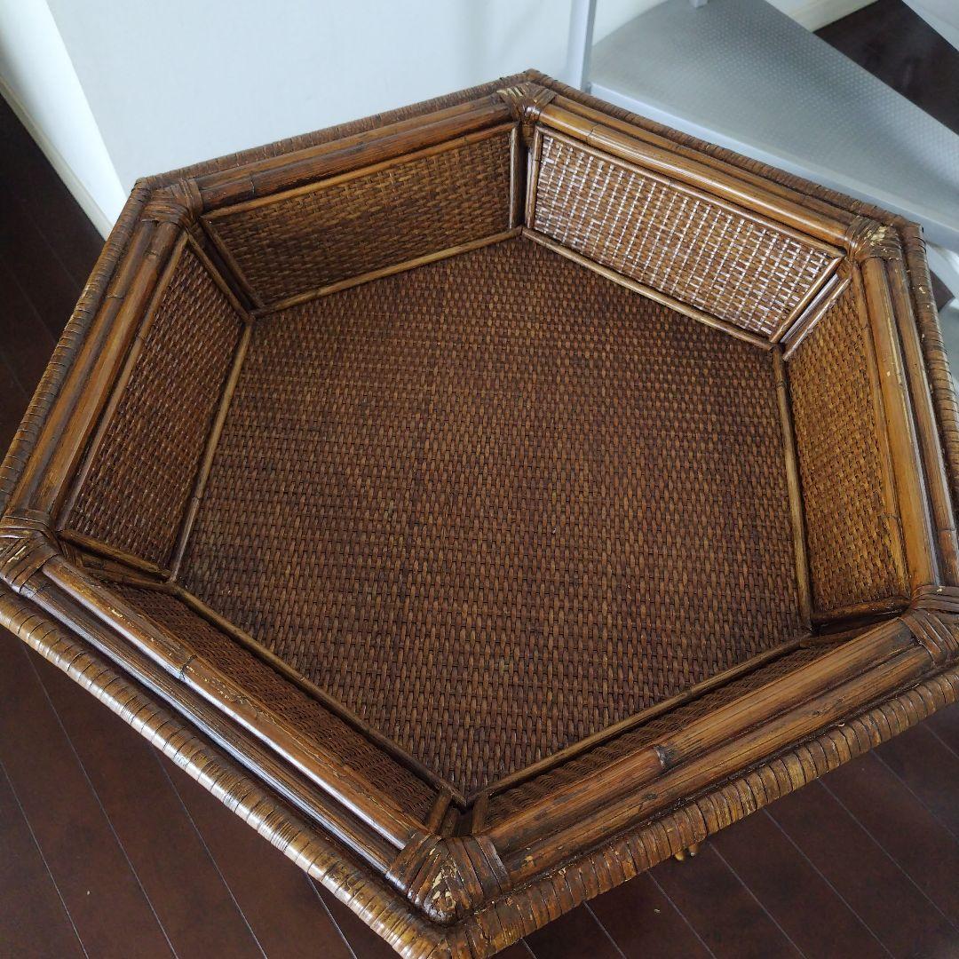 アンティーク ラタン 六角形テーブル ガラス天板付き 風水