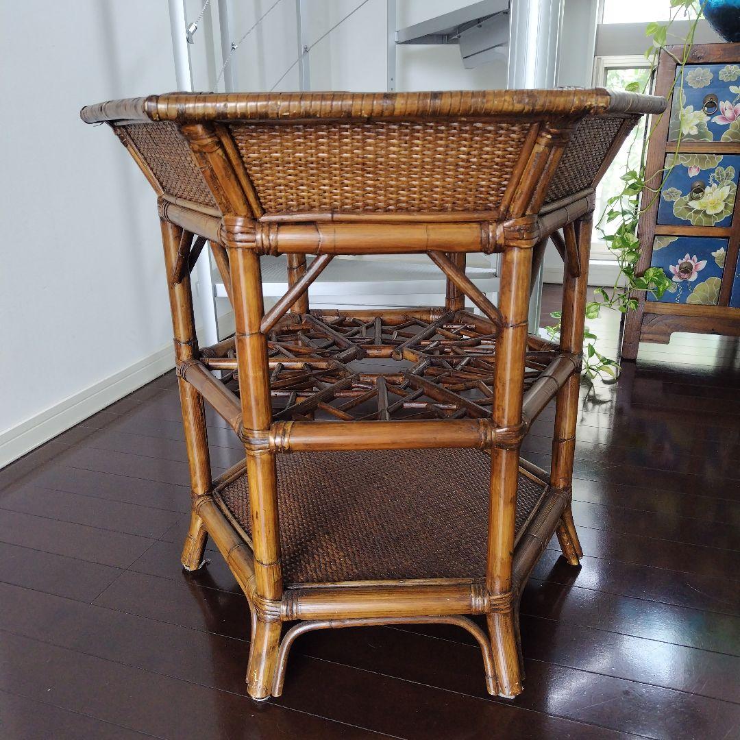 アンティーク ラタン 六角形テーブル ガラス天板付き 風水