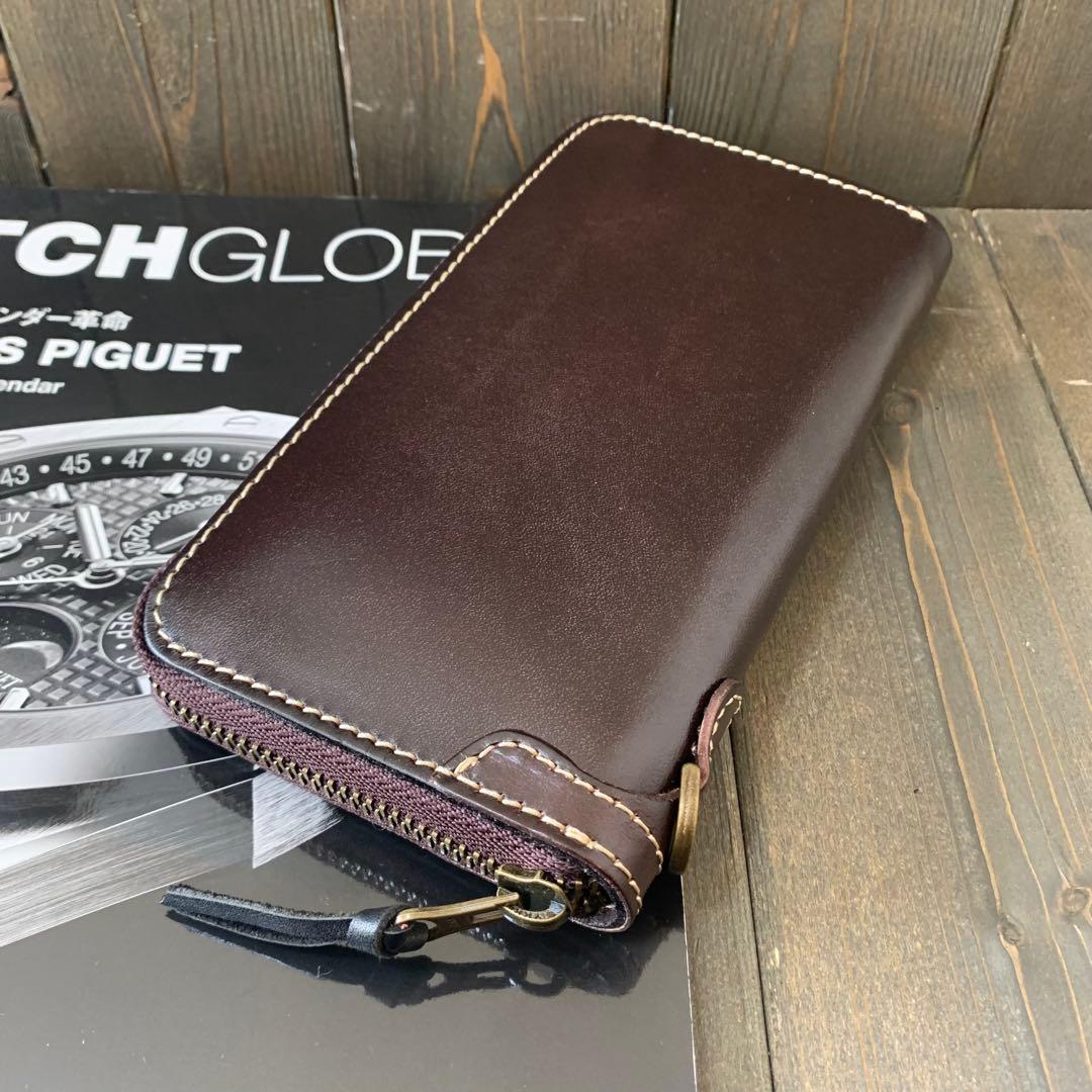 C43■極上 栃木レザー 無双 バイカーズウォレット 財布■コーヒー■職人手縫い