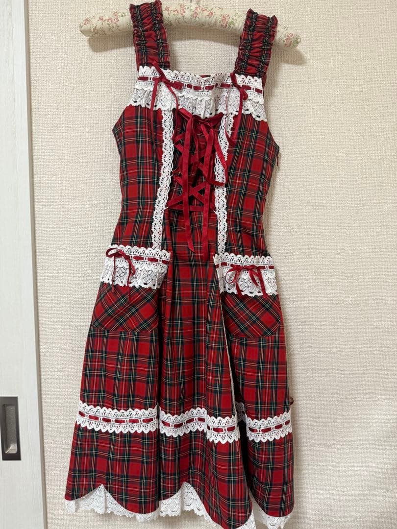 裾スカラップタータンチェックジャンパースカート エンジ リボンコームセット