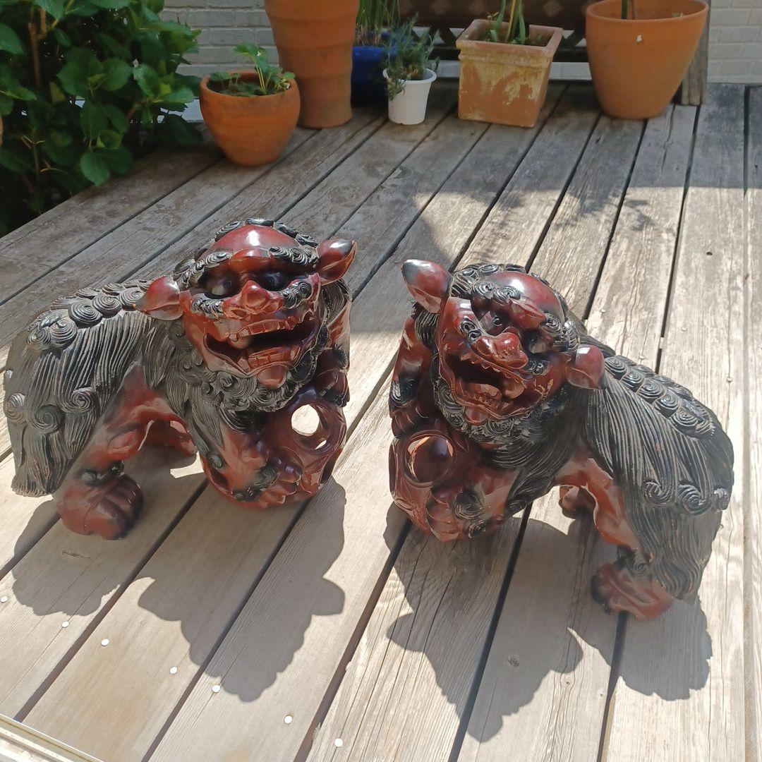 木彫り 狛犬 獅子 置物 大型2体