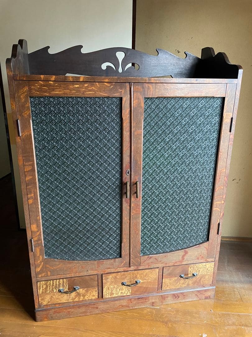 すりガラス アンティーク 昭和 レトロ キャビネット 食器棚 収納棚 本棚