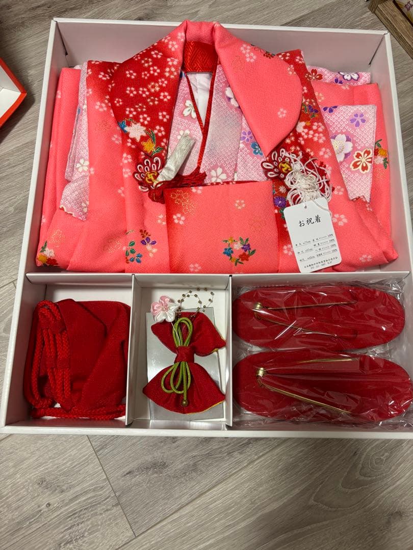 七五三 被布セット 3歳 女の子 ピンク系 お祝い着 草履・巾着・髪飾り付き