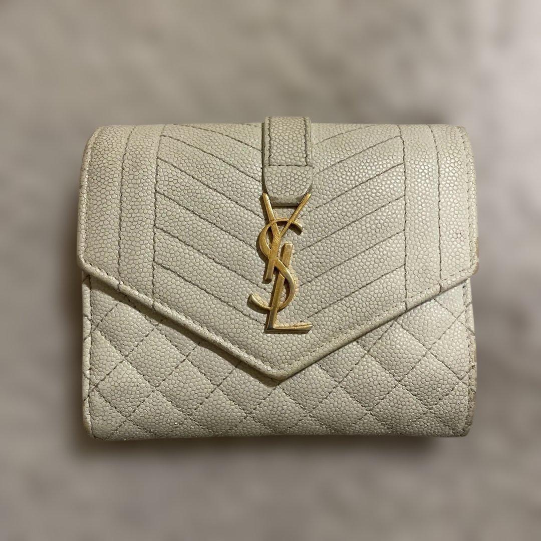 YSL アイボリー 三つ折り財布 キルティング