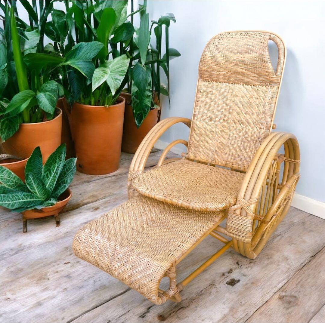 【送料無料】 ラタン リクライニングチェア テーブル マガジンラック オットマン