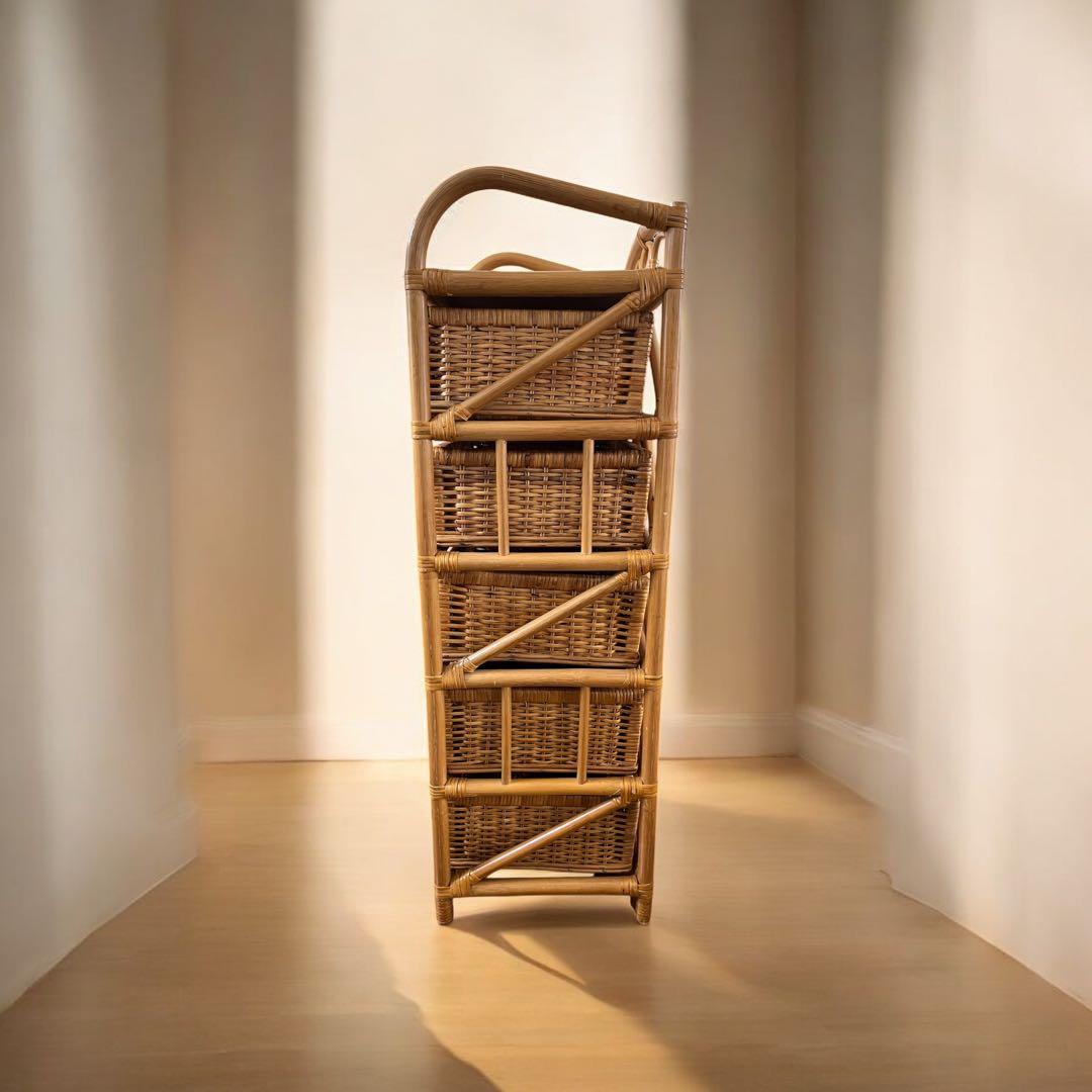 ラタン ５段 ラック 籐家具 引き出し 昭和レトロ