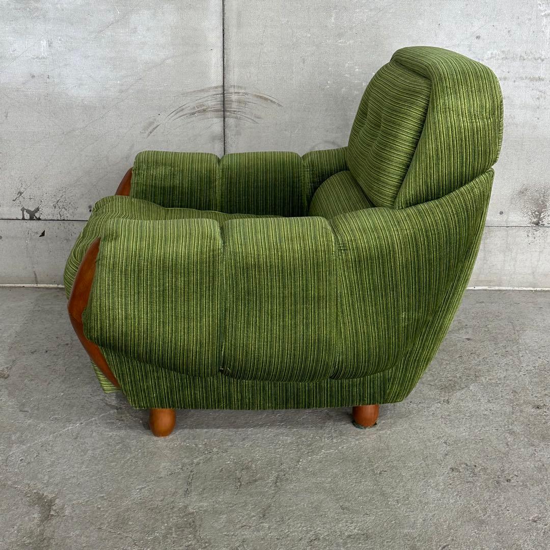 昭和レトロ ミッドセンチュリー グリーン 1人掛けソファ木肘 ヴィンテージ 国産